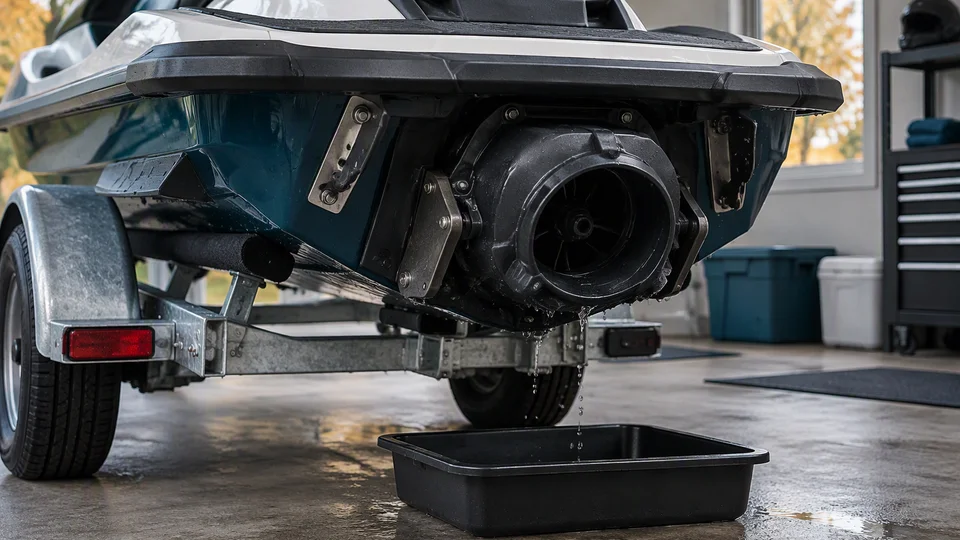 Rear view of personal watercraft showing jet pump outlet draining water into collection tray underneath