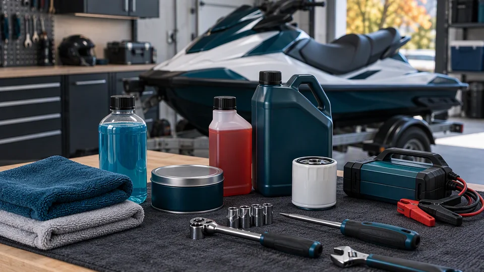 Winterization supplies including oil bottles, antifreeze, battery charger, tools, and cleaning cloths arranged on workbench