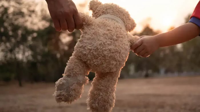 A teddy bear held by a parent and child