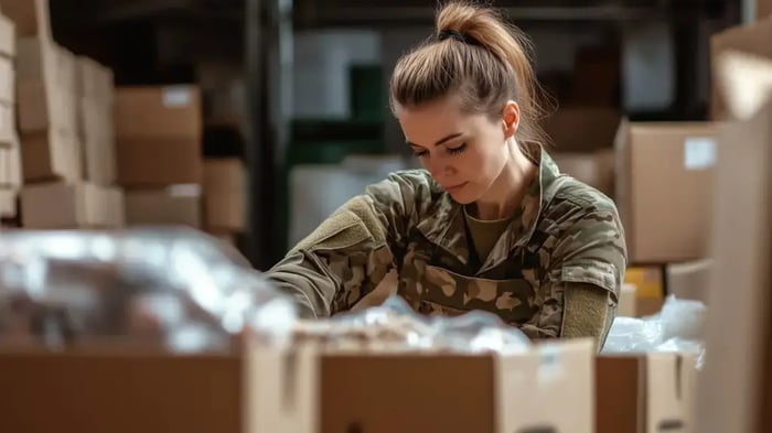 a service woman in camouflage military fatigues packing boxes
