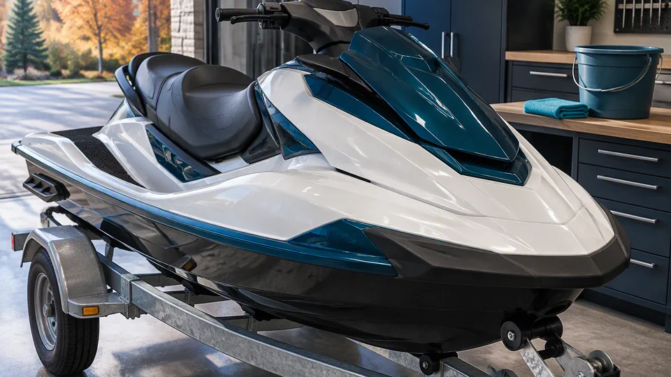 Clean white and teal personal watercraft parked on trailer in residential garage with autumn foliage visible