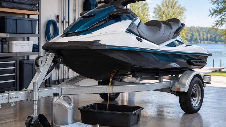 White and blue jet ski parked on trailer in garage with oil drain pan underneath