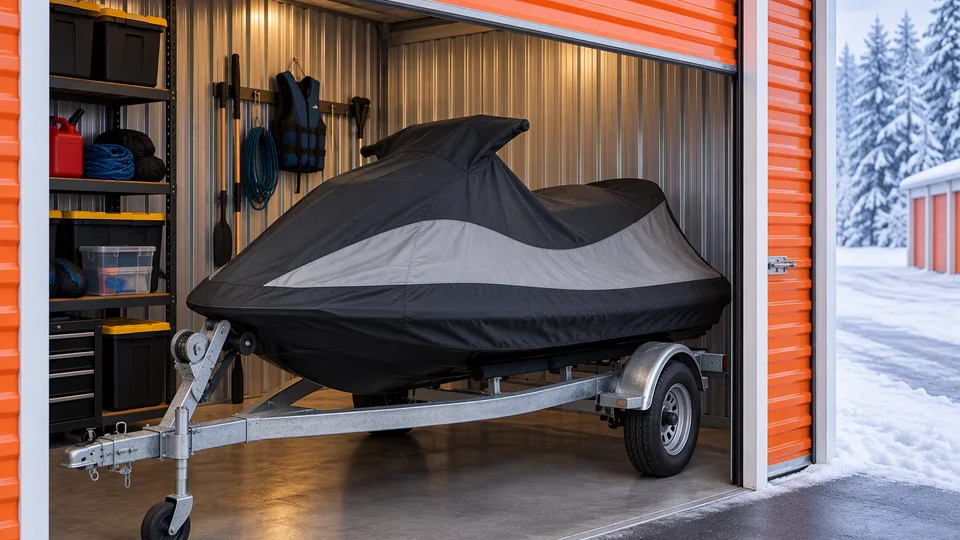 Protected jet ski with fitted cover stored on trailer in climate-controlled storage facility during winter