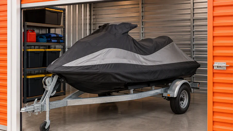 Covered jet ski on trailer inside self storage unit with organized shelving behind