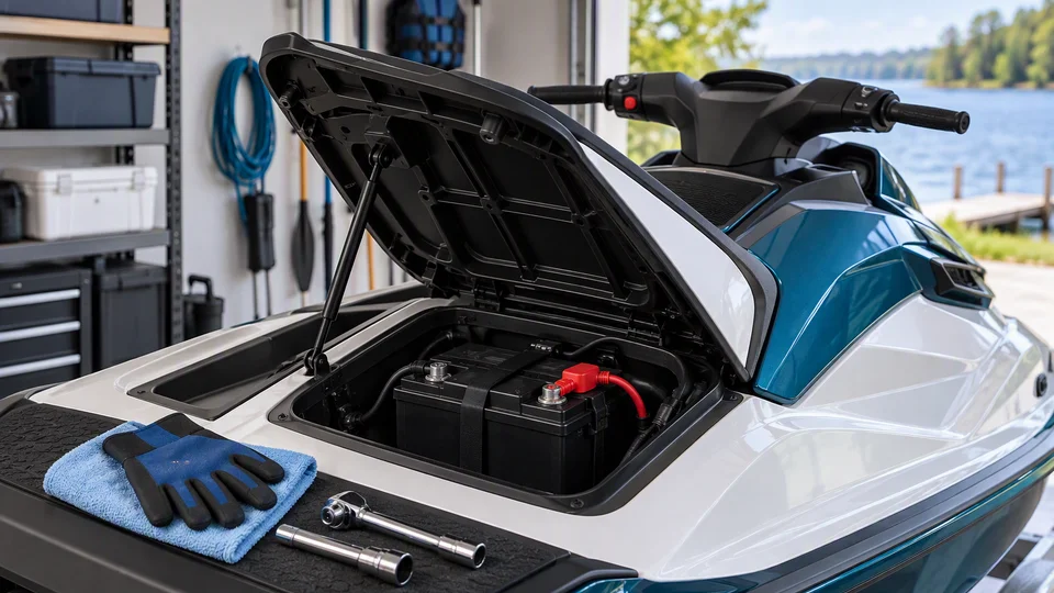 Open jet ski engine compartment showing battery with tools and cleaning cloth beside it