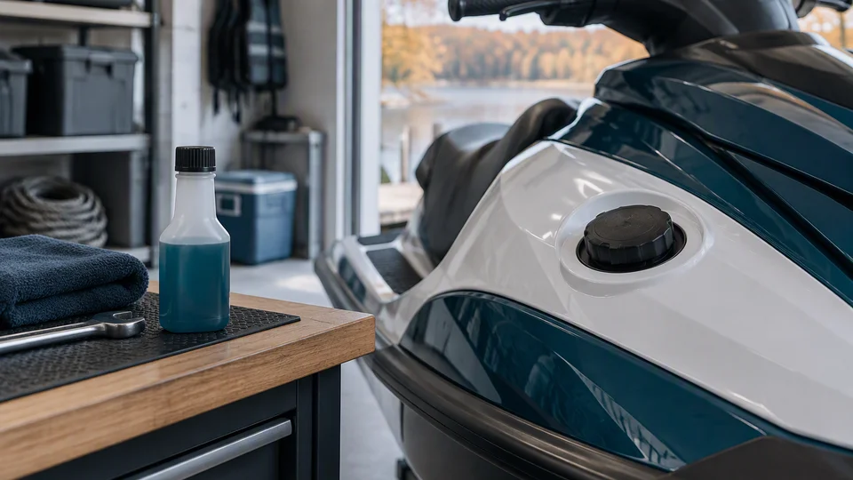 Fuel stabilizer bottle next to personal watercraft fuel tank cap on workbench during maintenance preparation