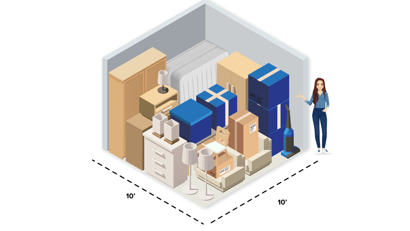 Illustrated 10x10 storage unit containing household furniture and boxes