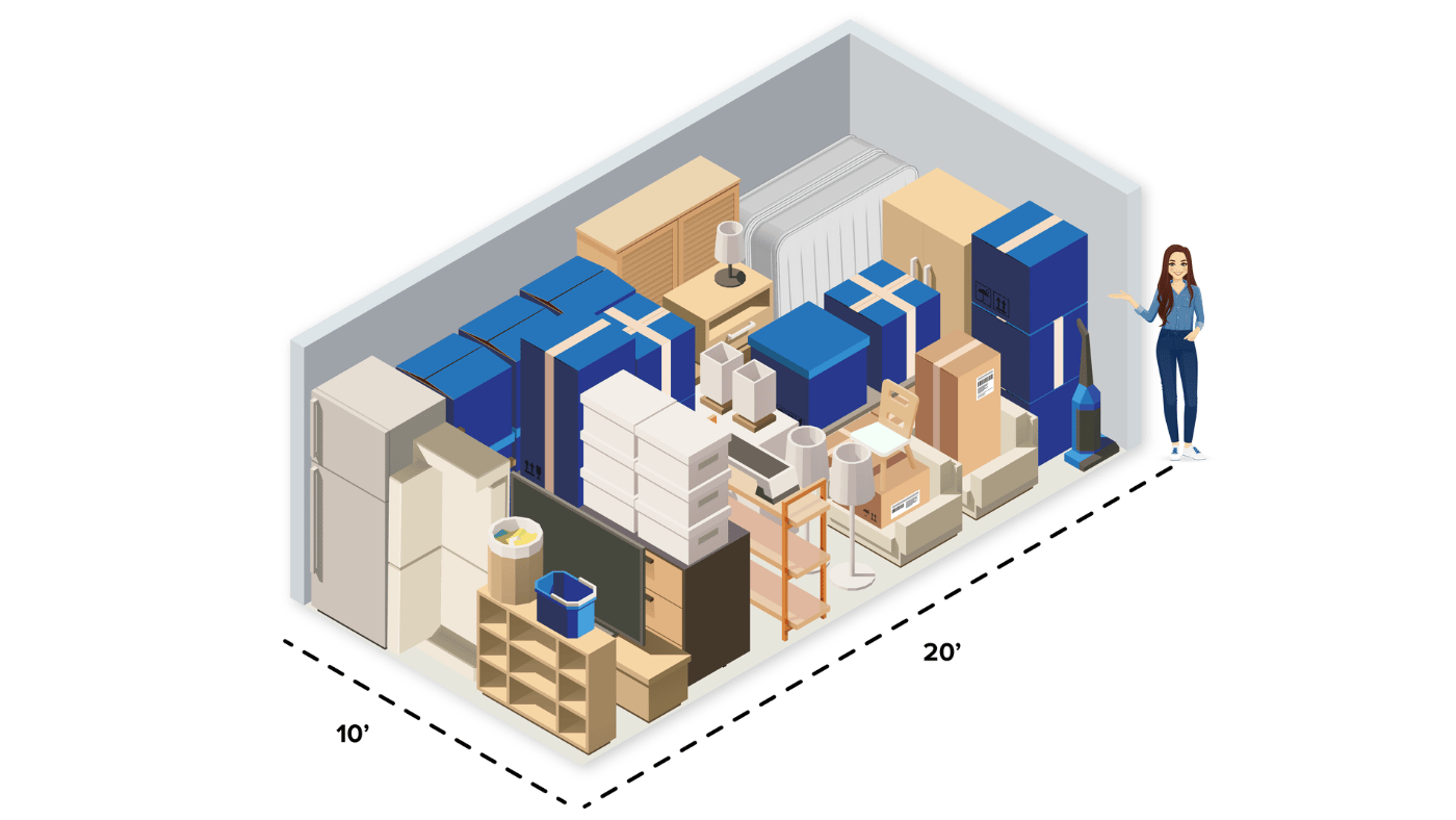 Illustrated 10x20 storage unit with belongings from multiple rooms