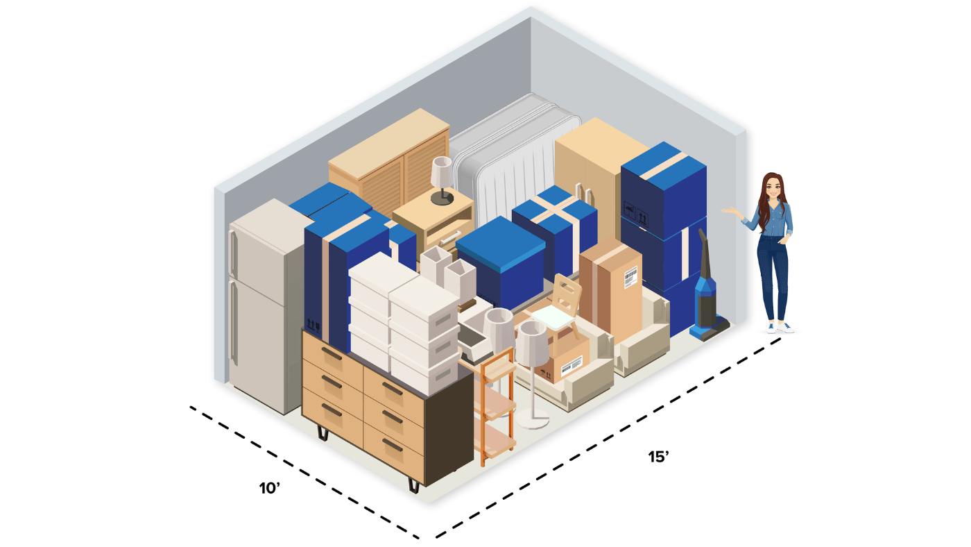 Illustrated 10x15 storage unit with furniture, appliances, and packed boxes