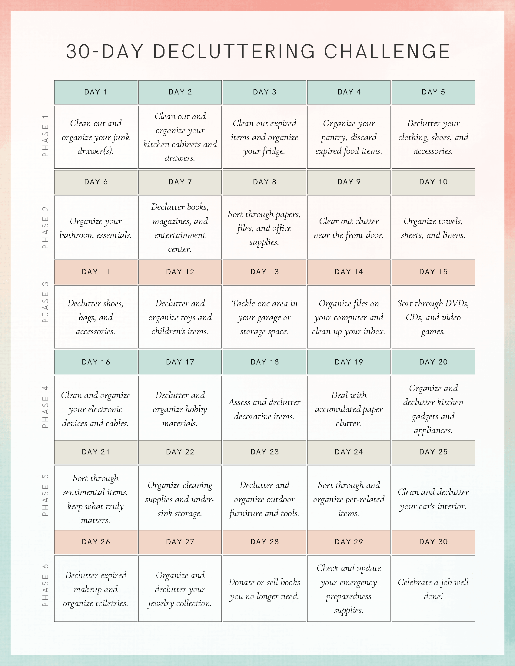 Printable 30-day decluttering challenge with one organizing task for each day
