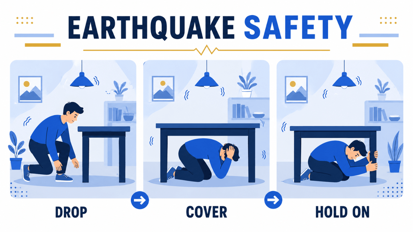 Earthquake safety infographic demonstrating Drop, Cover, and Hold On