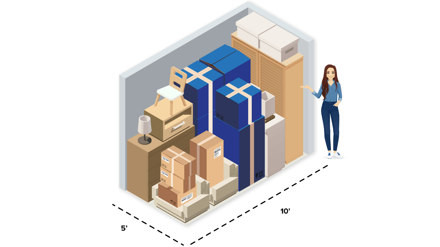 Illustrated 5x10 storage unit with furniture, bicycles, and boxes