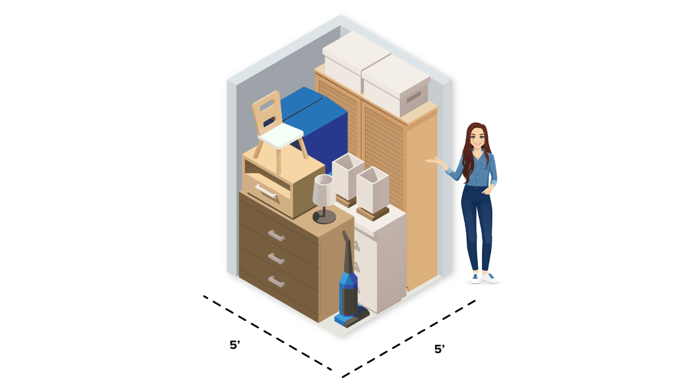 Illustrated 5x5 storage unit with boxes and small household items