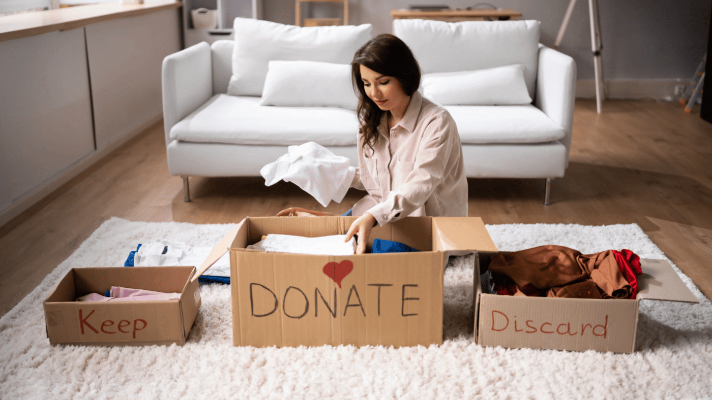 Woman sorting household belongings into a labeled donation box