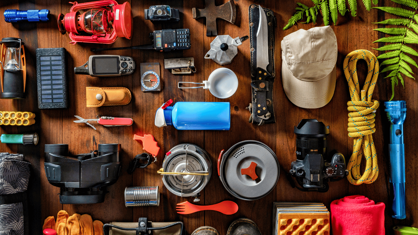 Organized camping supplies showing storage solutions for outdoor gear