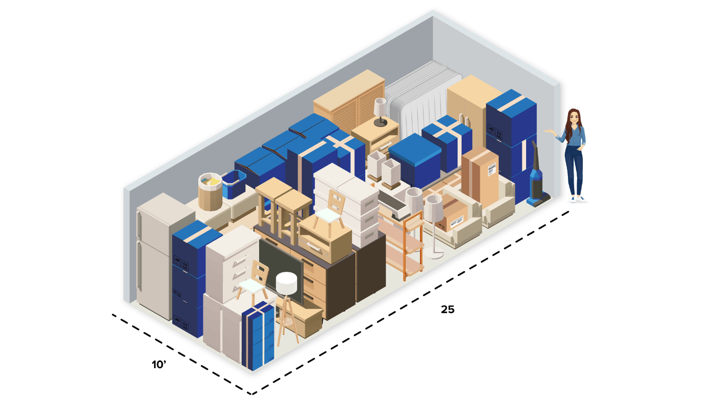 Illustrated 10x25 storage unit containing furniture, appliances, and boxes